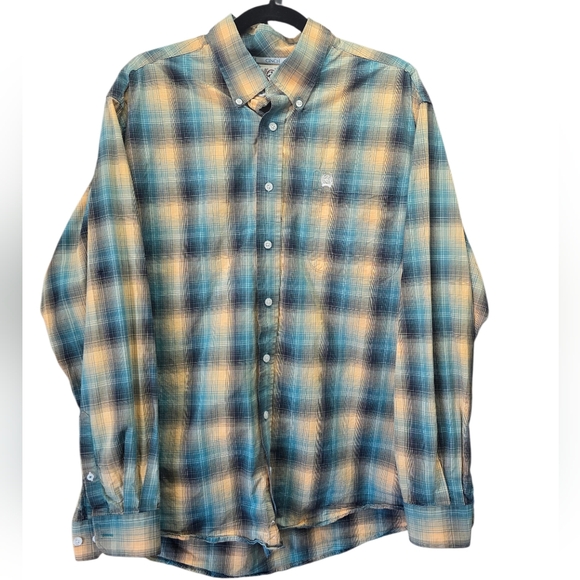 Cinch Other - Cinch Medium 100% Cotton Plaid Button Down Shirt Green Teal Western Rodeo Ranch